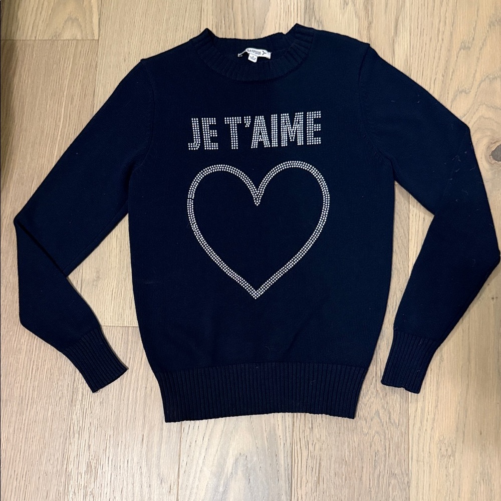 Nanette Lepore Navy Je T'Aime Crewneck Sweater with Jeweled Heart